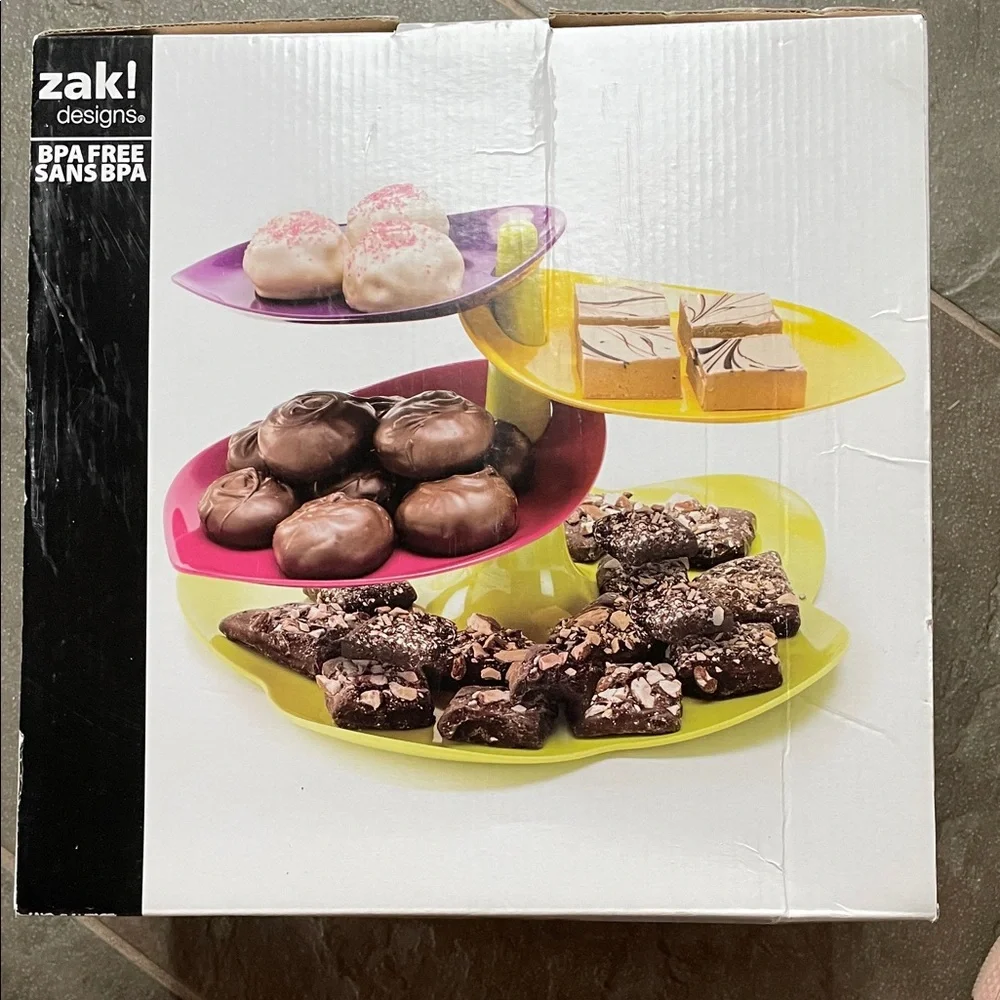 Zak! Colorful Tiered Serving Tray and matching plates.